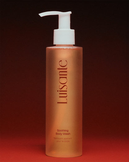 Luisante soothing body wash for all skin types in a tall frosted bottle with white pump